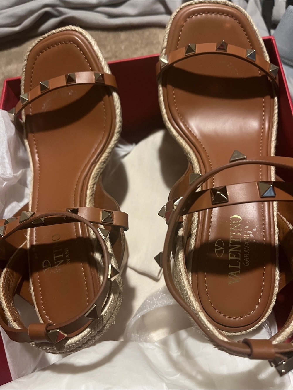 Valentino Tan Leather Rockstud Espadrille Sandals